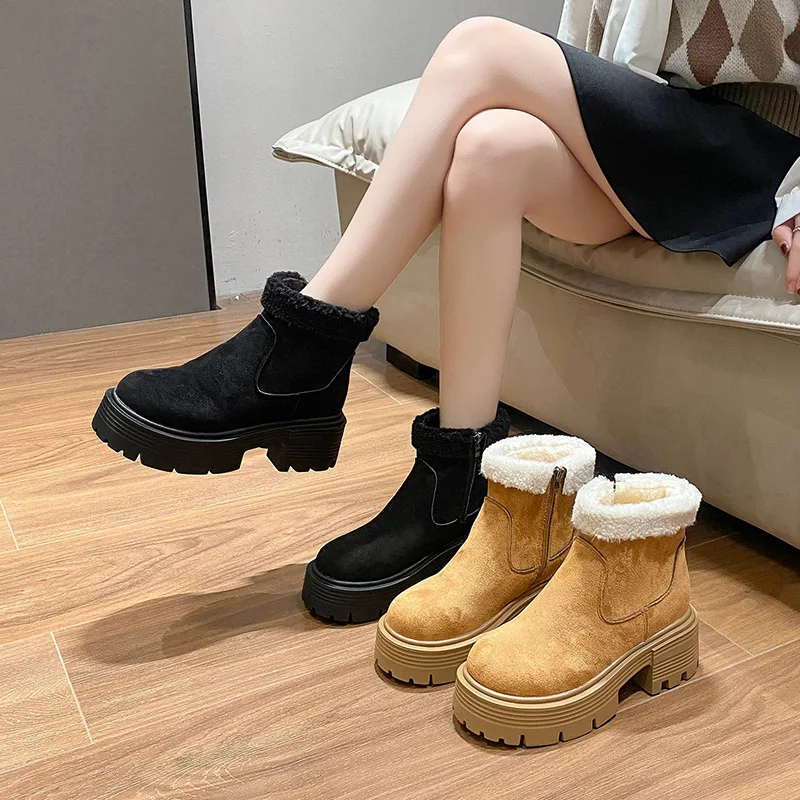 STRONGSHEN Winter Women Snow Boots Casual Heel Plush Warm Shoes Suede Fur Chelsea Ankle Boots Platform Ladies Shoes Botas Mujer