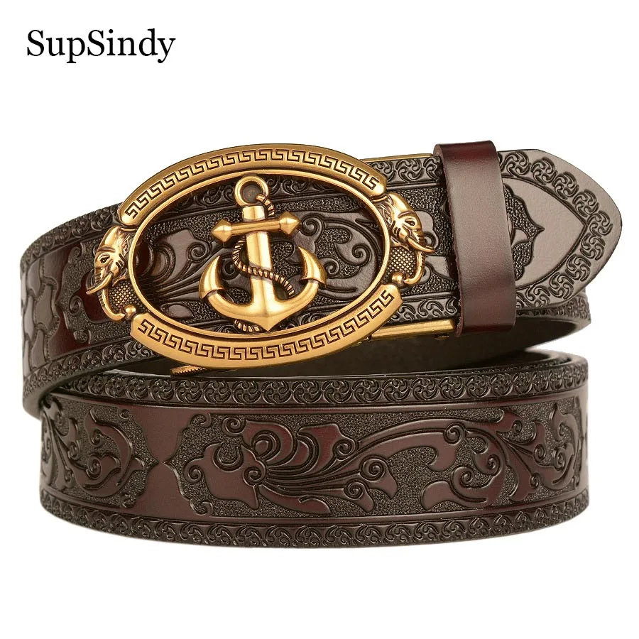 SupSindy Men Genuine Leather Belt Luxury Gold Navy Metal Automatic Buckle Cowhide Belts for Men Jeans Waistband Male Strap Black