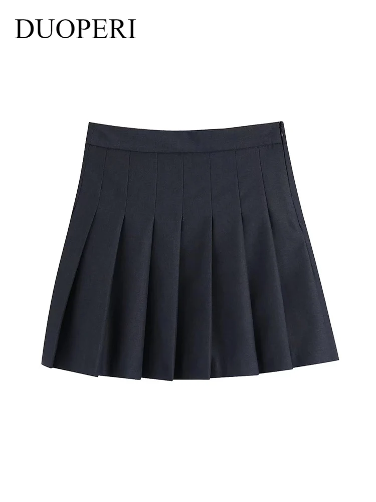 

DUOPERI Women Fashion Pleated Solid Mini Skirts Vintage High Waist Casual Female Chic Lady Short Skirt