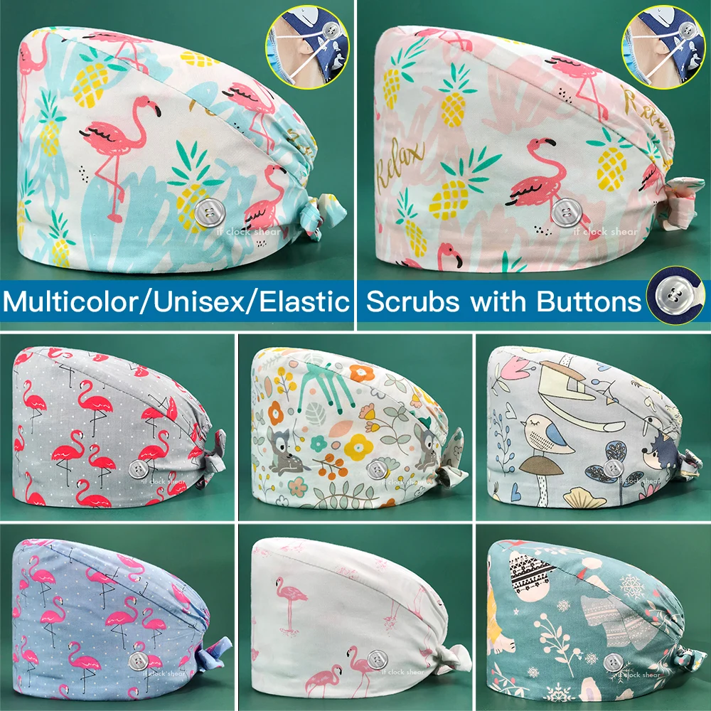 

Хлопковые докторские шапки унисекс на пуговицах с мультяшным принтом, медицинские магнитные впитывающие пот эластичные шапки для ухода за ...