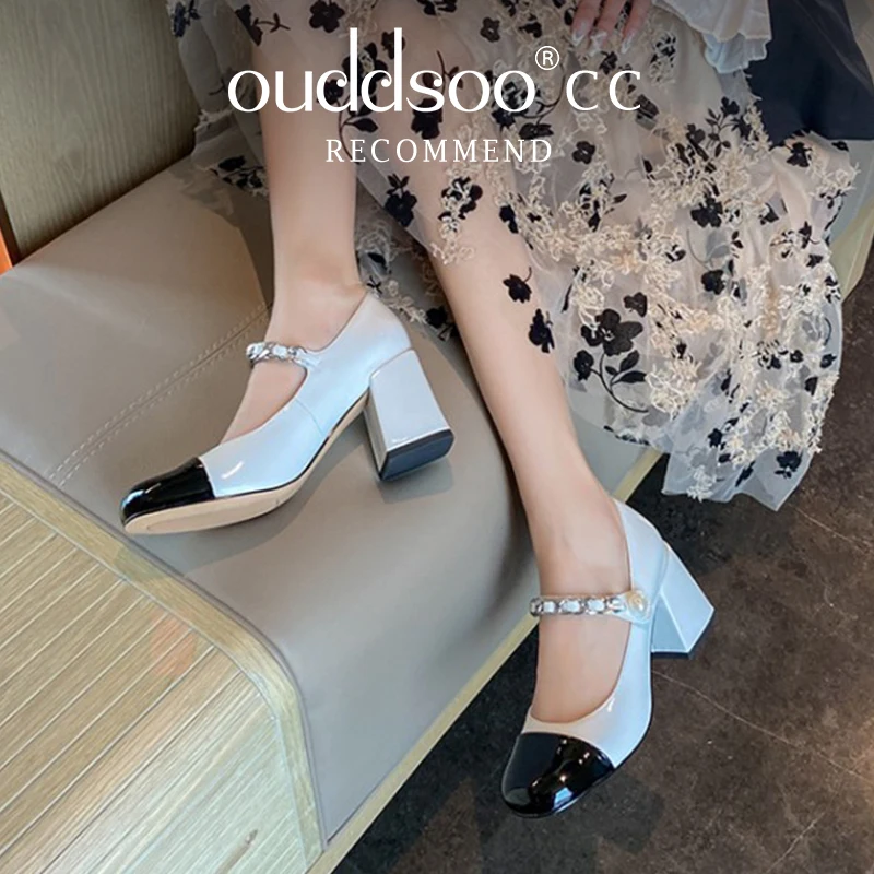 Ods Metallic Casual Luxury Pink Chunky High Heels Women Shoes Round Toe Sweet Chain Strap Party Lady Patchwork Dress Pearl 4143