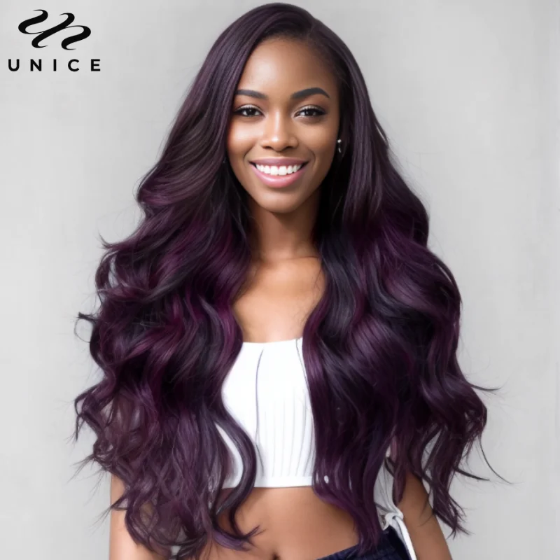 UNice Midnight Dark Purple Ombre 13x4 Lace Front Wig Loose Wave Wig Deeper Purple Hair Wig With A Bit Of Ink Highlight