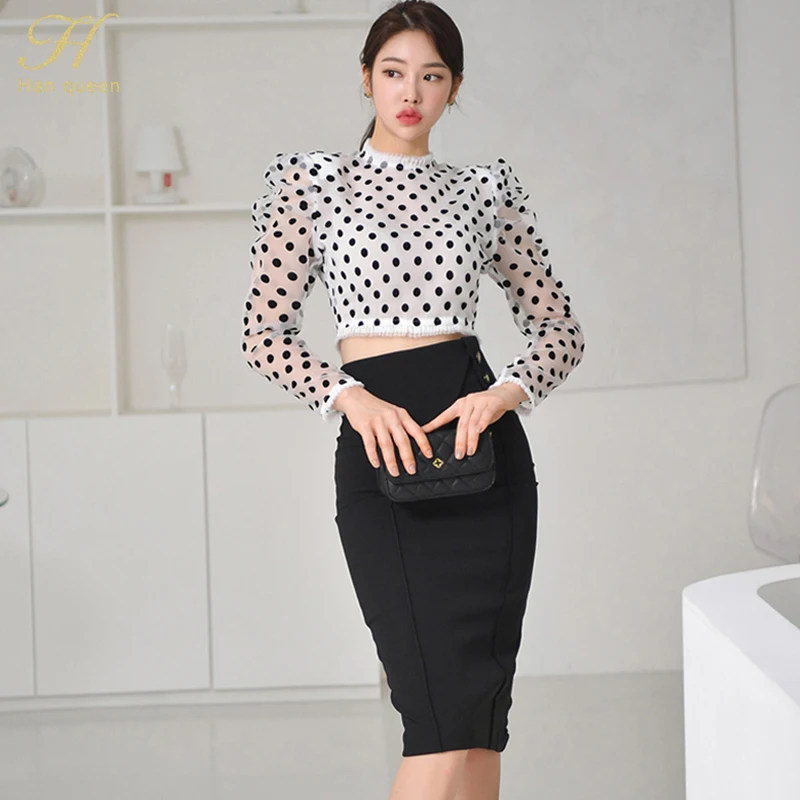 

H Han Queen Spring Womens OL 2 Pieces Suits Fashion Dot Short Crop Top + High Waist Mid Sheath Bodycon Pencil Skirt New Work Set