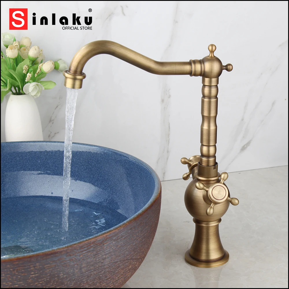 Фото SINLAKU Антикварный латунный смеситель для ванной комнаты с двумя ручками, кухонный кран с одним отверстием, поворотный, для горячей и холодной воды, смеситель для кухни №1