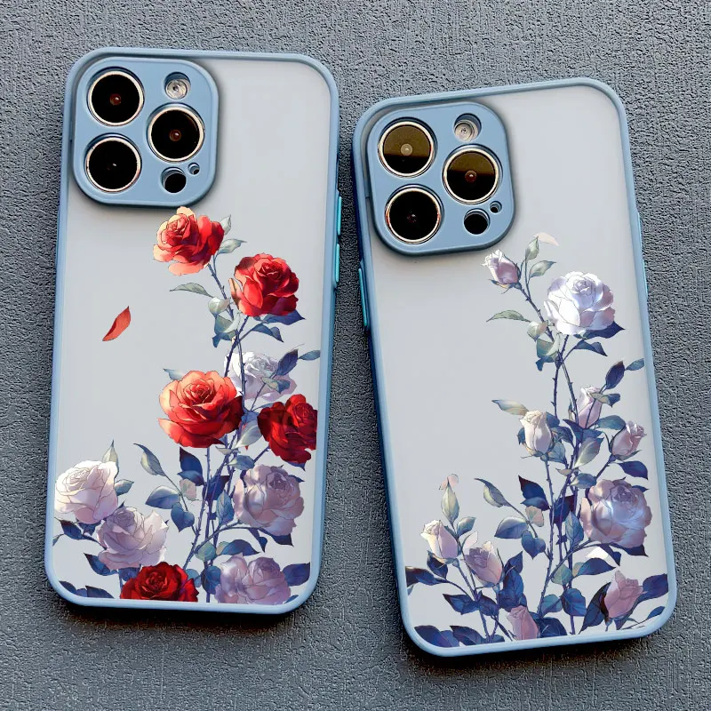 

Luxurious White Flower Red Rose Phone Case For iPhone 15 11 12 13 Mini Pro Max XR XS X 7 8 14 Plus SE2 Shockproof Back Cover