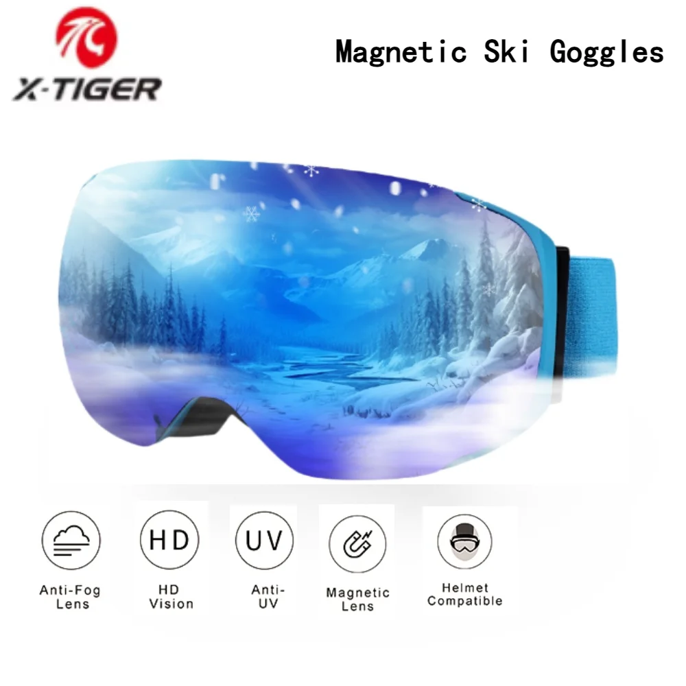 Зимние магнитные лыжные очки X-TIGER двухслойные противотуманные для катания на