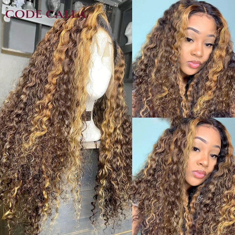 Deep Curly T Part Lace Front Human Hair Wig P4/27 Highlight Wig Ombre Blonde Curly Wigs Pre Plucked With Baby Hair 250 Density