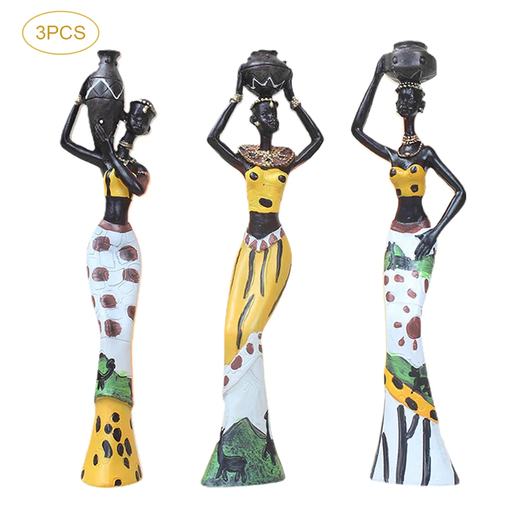 

3pcs Women Home Decor Art Piece Statue Black Figurines Gift Desktop Vintage Resin Dolls African Sculpture Living Room Ornaments