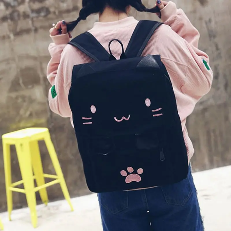fashion Cute Cat Embroidery Canvas Student bag Cartoons Women Backpack Leisure School bag black&pink