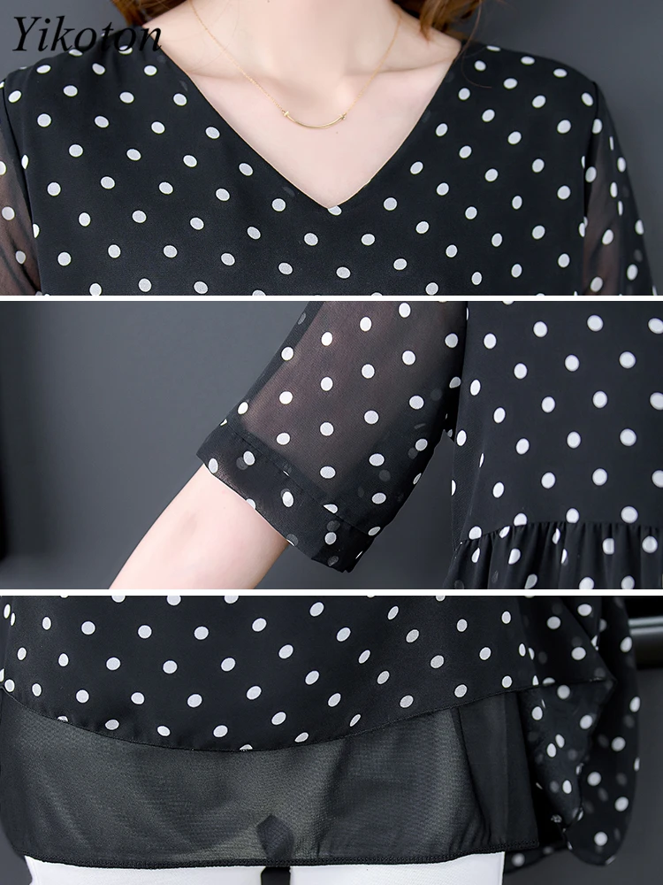 Женская шифоновая блузка в горошек Повседневная Свободная рубашка с коротким