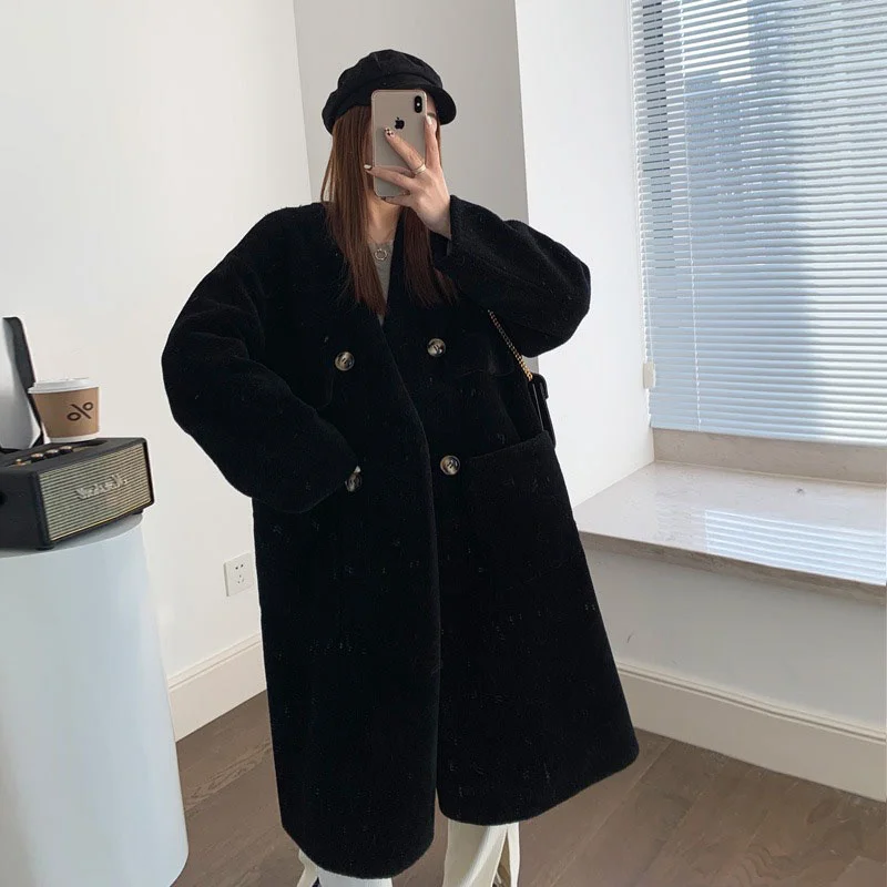 

Новинка 2023, Женское зимнее пальто в Корейском стиле, модное длинное теплое меховое пальто из овечьей шерсти, плотное ветрозащитное приталенное темпераментное пальто