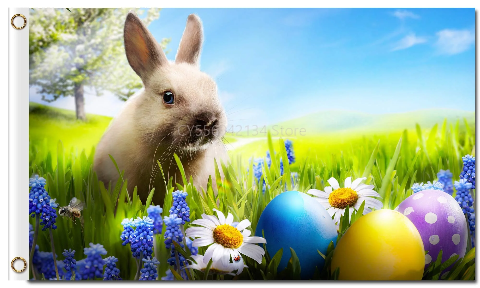 

Easter Bunny Rabbit and Easter Eggs On Green Grass with Daisies Flowers Flag Polyester Double Stitched with Brass Grommets Flag
