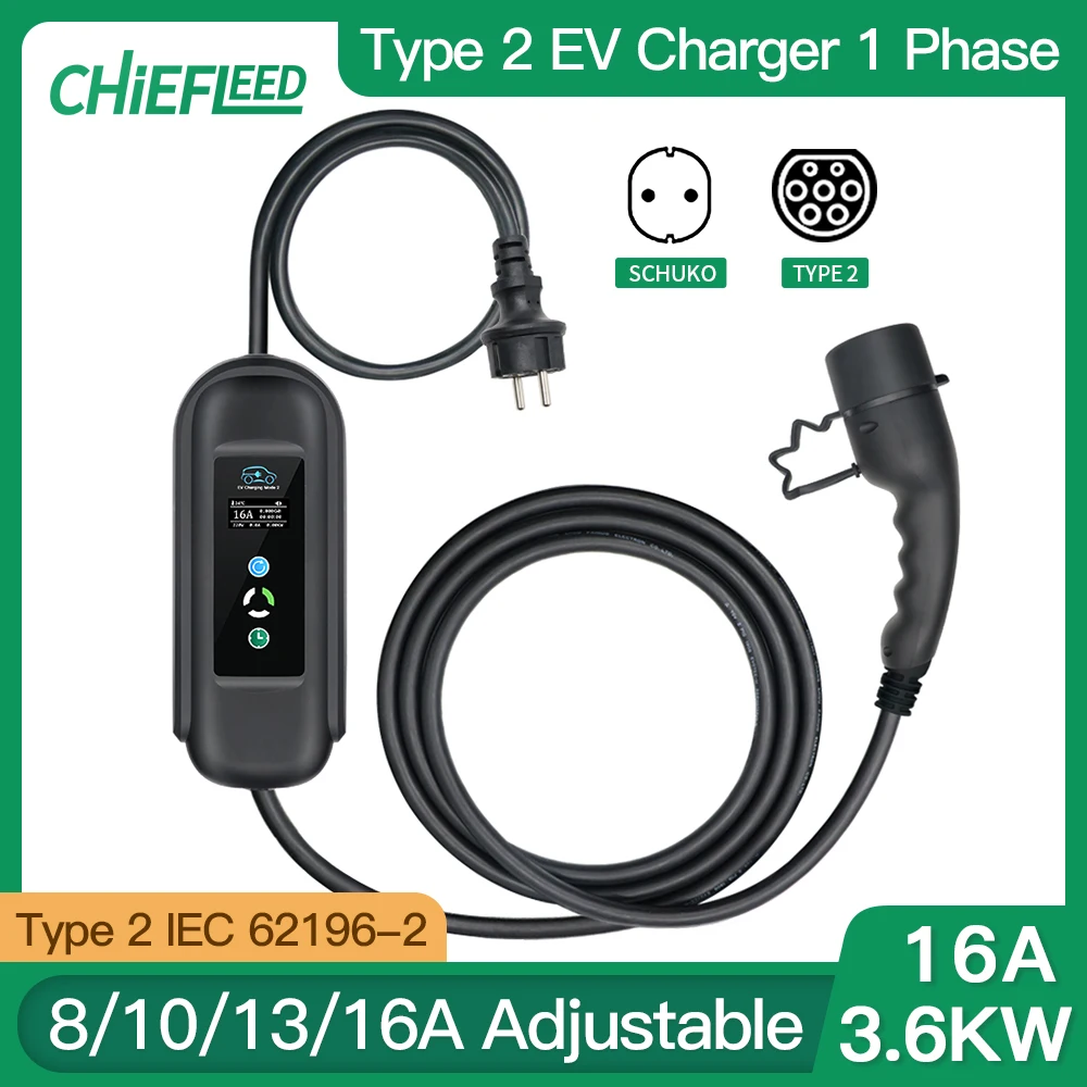 

Chiefleed EV Charger Type 2 5 Meters Level 2 Switchable 8/10/13/16A for Electric Cars Schuko Plug 3.6kw 250V Type1 Wallbox