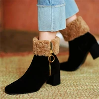snow winter boots womens suede leather ankle boots wool fur square toe cuban zipper western chelsear party pumps comfort