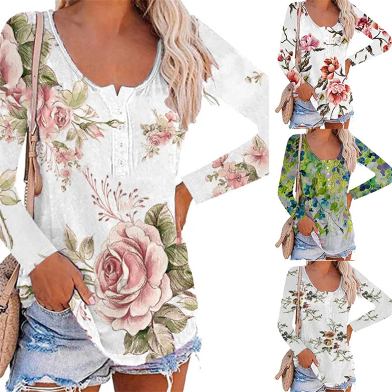 

Summer Casual Flower Round Neck Long Sleeve Polyester Buttons Blouse Loose Women Floral Print Blouse Vintage Streetwear Top