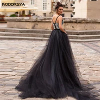 black gothic lace applique wedding dress vintage v neck blackless bridal gowns party dots tull sweep train vestido de novia 2022