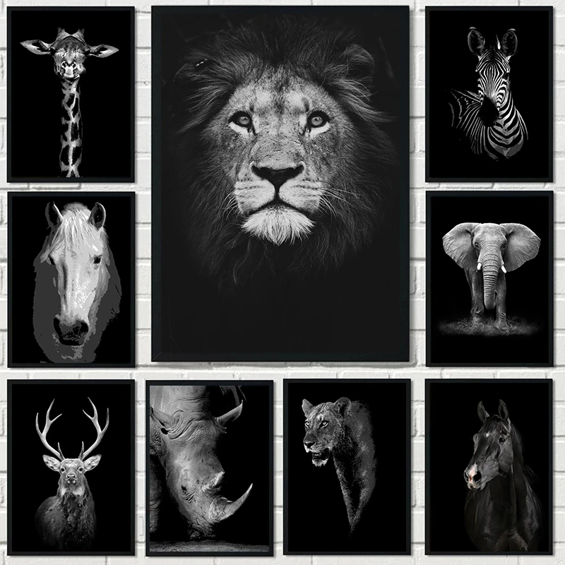 

Black and White Animal Canvas Painting Mural Lion Elephant Deer Zebra Poster and Print Mural Picture Living Room Home Decoration