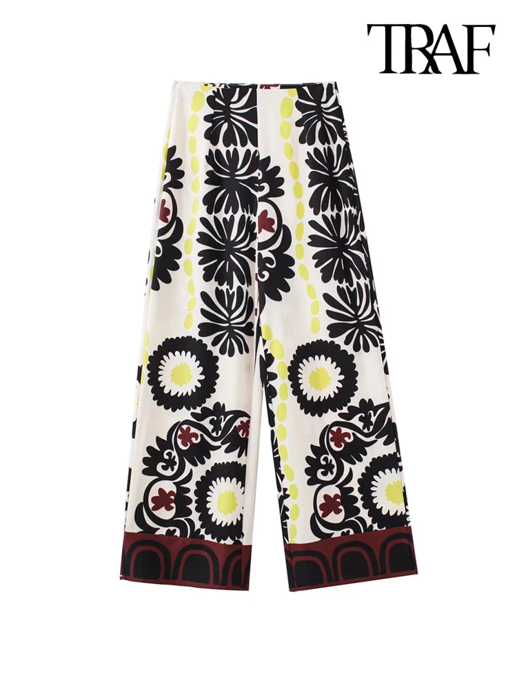 

TRAF Women Fashion Printed Wide Leg Pants Vintage High Waist Side Zipper Female Ankle Trousers Mujer