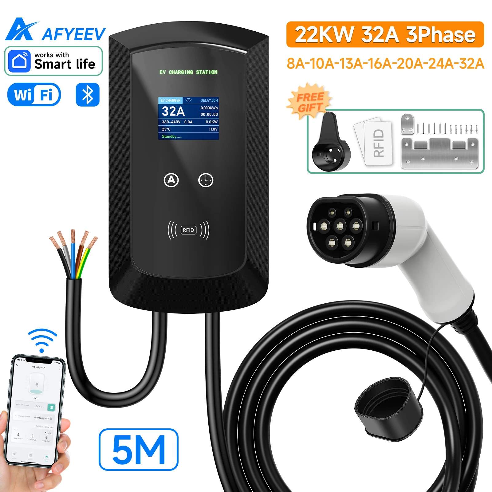 

AFYEEV 32A Зарядная станция для электромобилей 22 кВт 3-фазное автомобильное зарядное устройство 11 кВт Type2 IEC62196-2 EVSE Wallbox APP Control Кабель 5 м