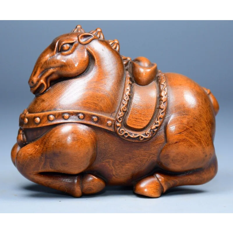 

2.8" Collect Chinese Box-wood Carving Lovable Animal Horse Yuanbao Wealth Statue Craft Gift Decoration Home Decore