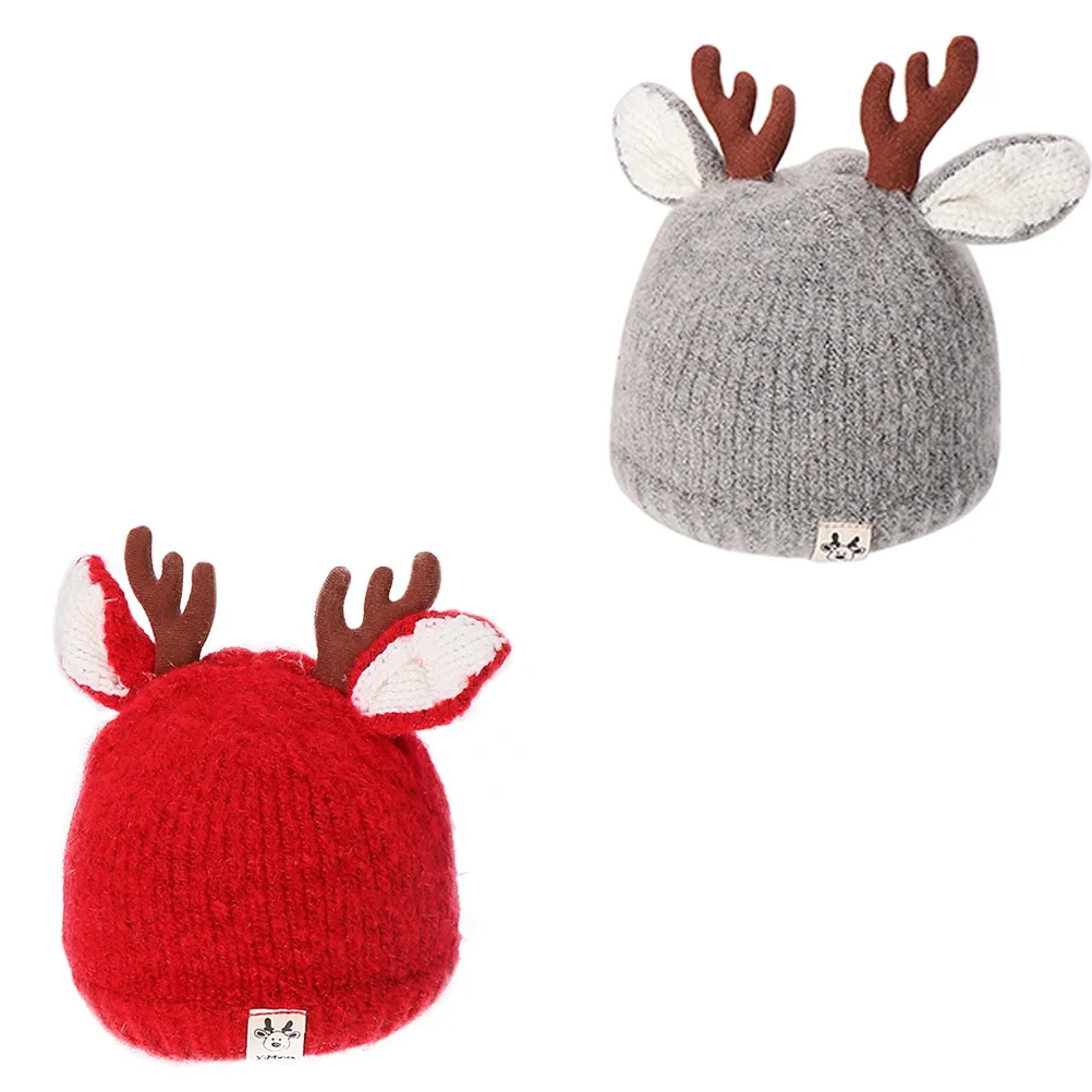 

2 Pcs Children's Deer Hat Winter Thicken Knitted Cap Cartoon Hats Yarn Kids Woolen