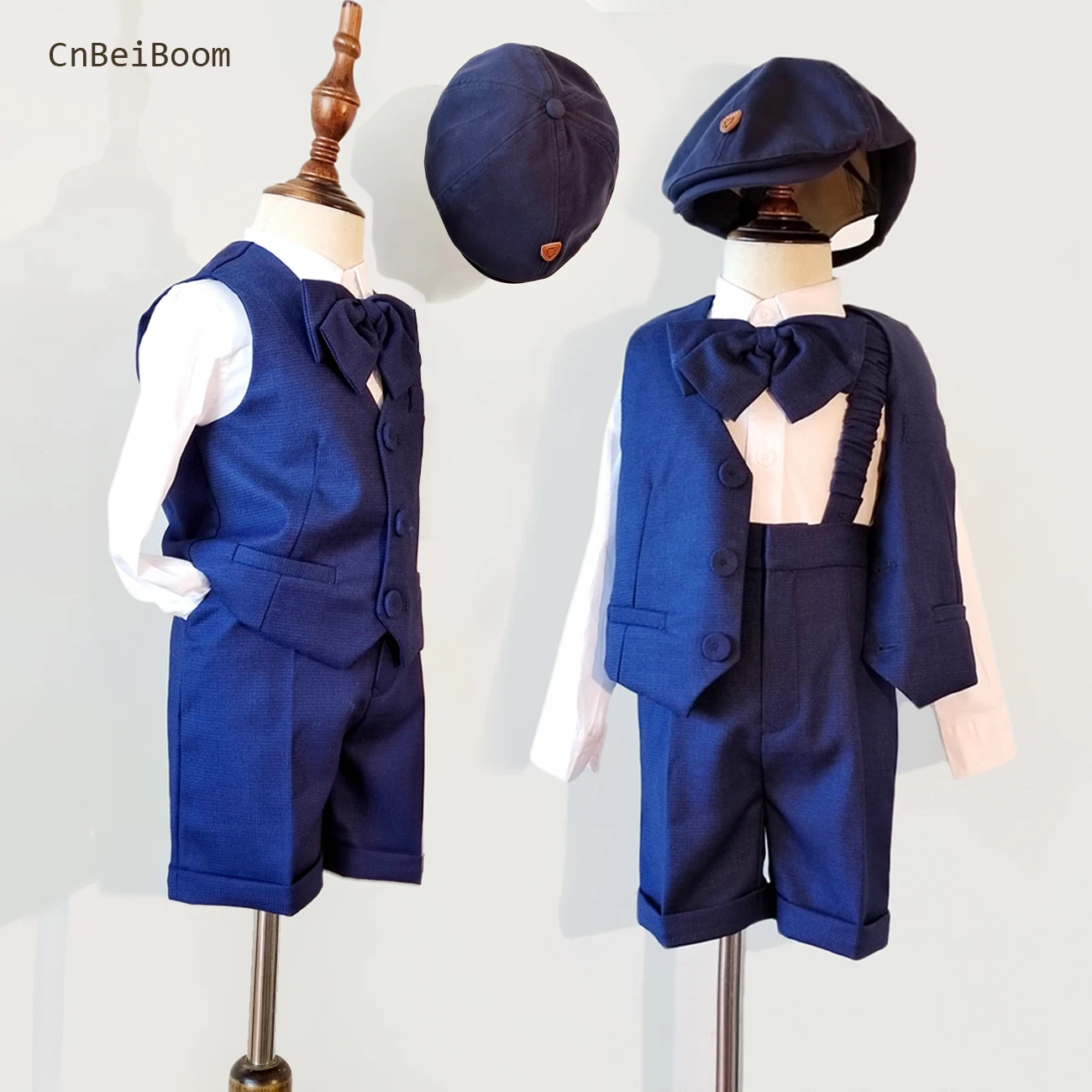 

Baby Boys Wedding Suit Infant Baptism Gentleman Party Gift Costume Navy Blue With Hat Suspender Overall Christening Sets 7PCS