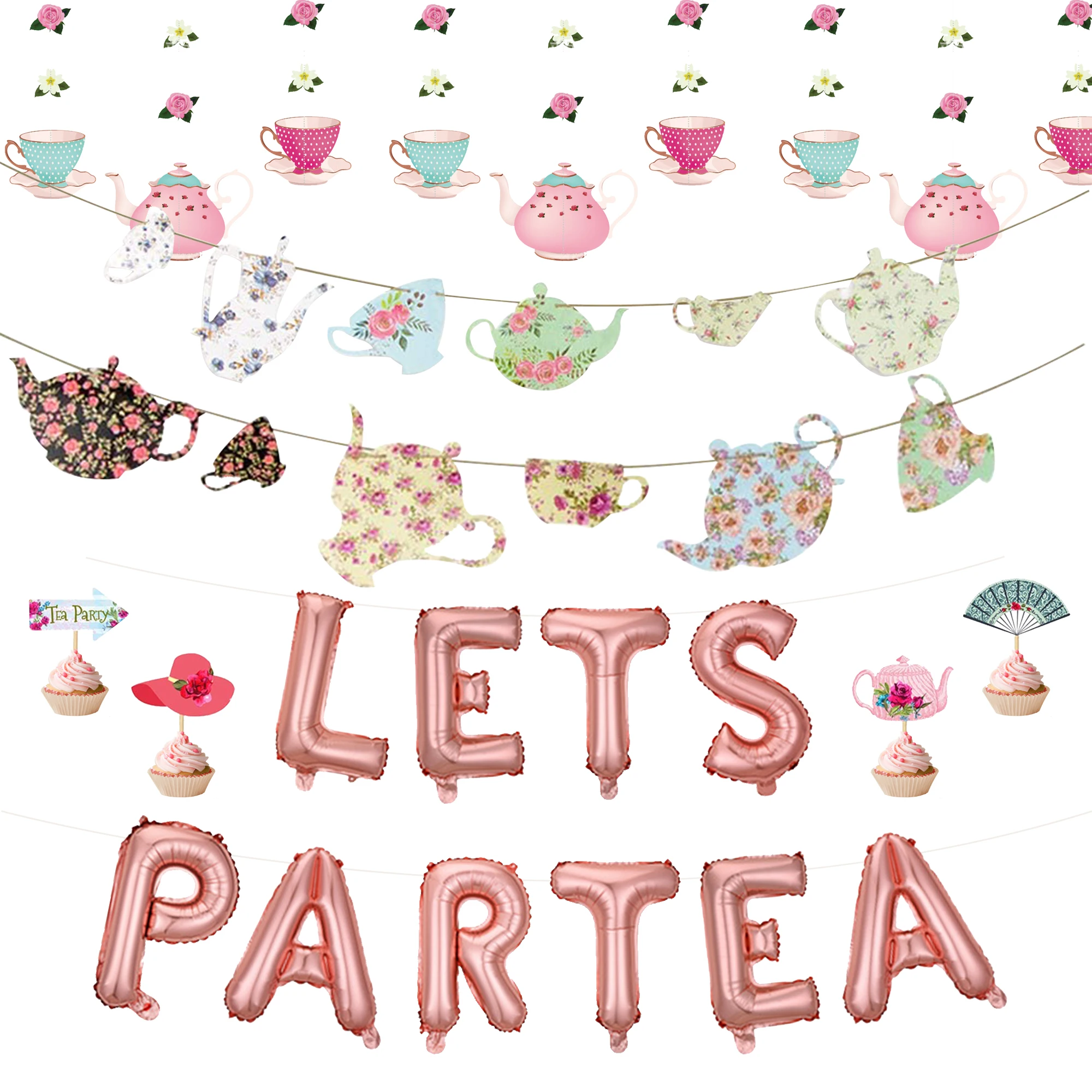 

Let's Par Tea Balloon Banner, Tea Party Decorations with Roses, Teapot, Cup Ornament, Birthday, Bachelorette Party Supplies