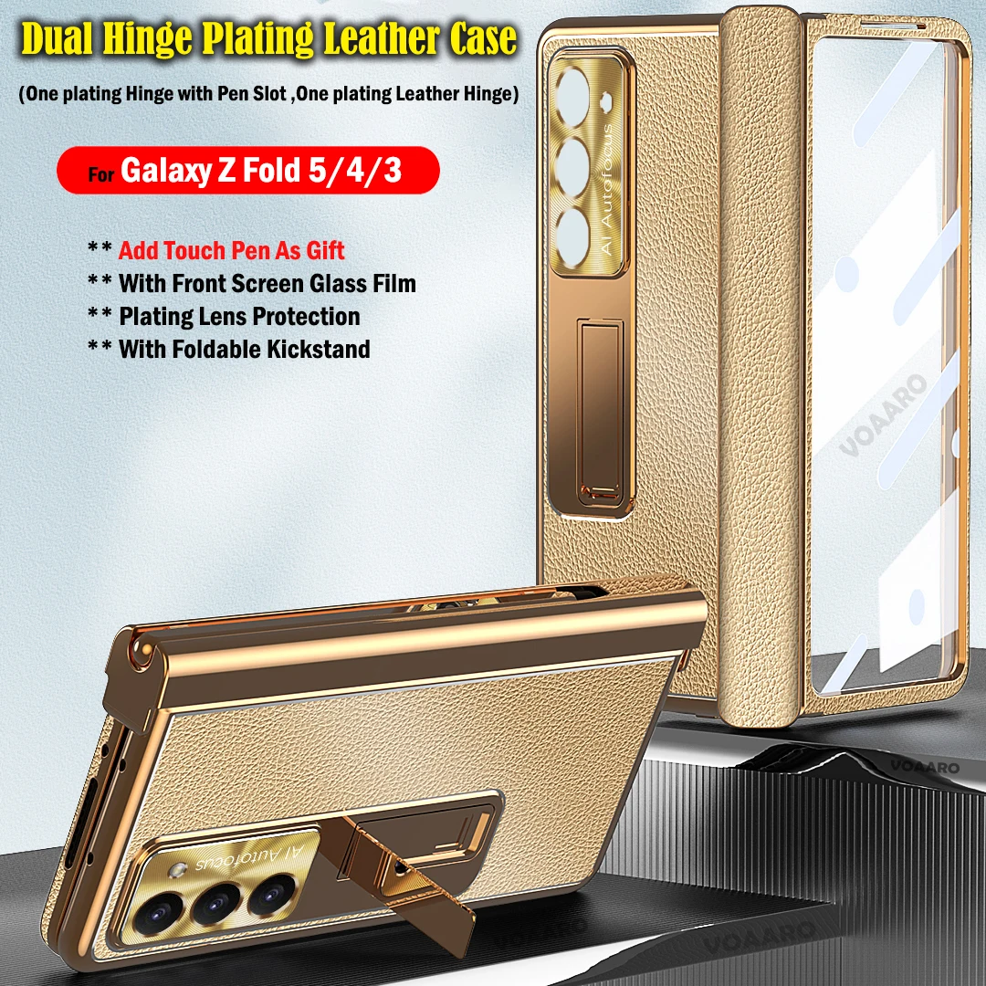 

Magnetic Plating Leather Hinge Case Funda for Samsung Galaxy Z Fold 5 4 3 Hinge Case with Pen Slot Holder Front Film Touch Pen