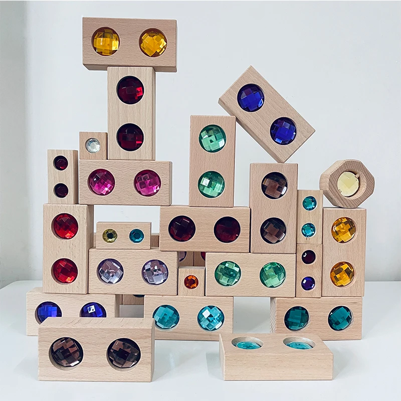 Large Colour Street Wooden Gem Blocks Kids Transparent Windows Blocks Game X Bricks Acrylic Cubes Blocks Baby Stacking Toys