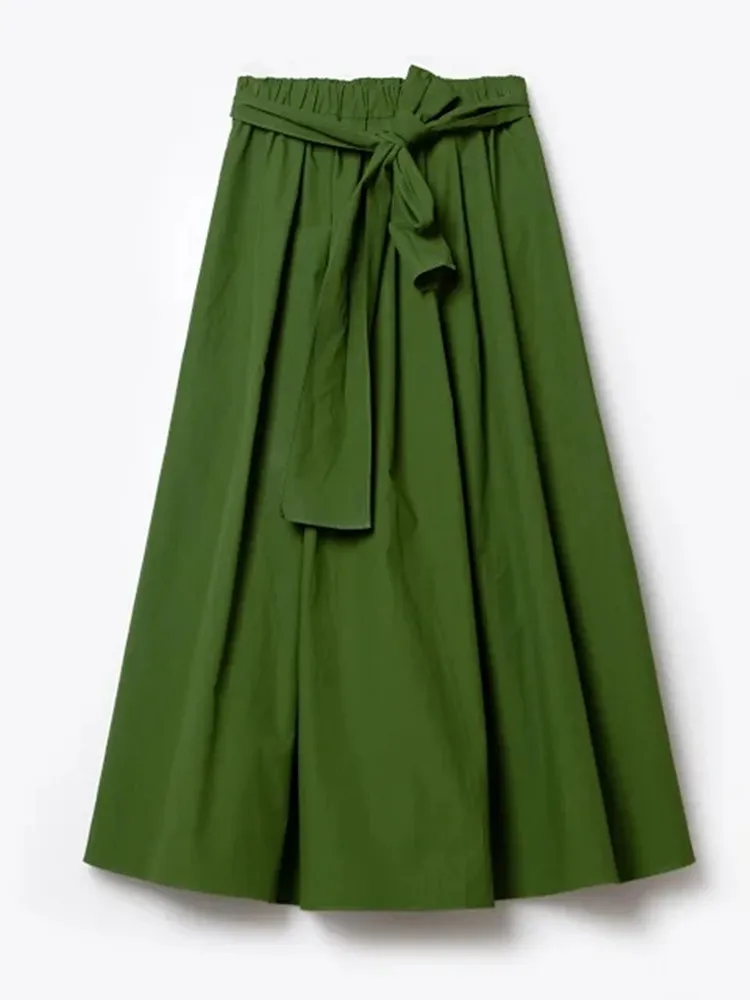 

Green Midi Skirt Women Lace-up Elastic Waist A-line Casual Female Jupe 2023 Early Autumn