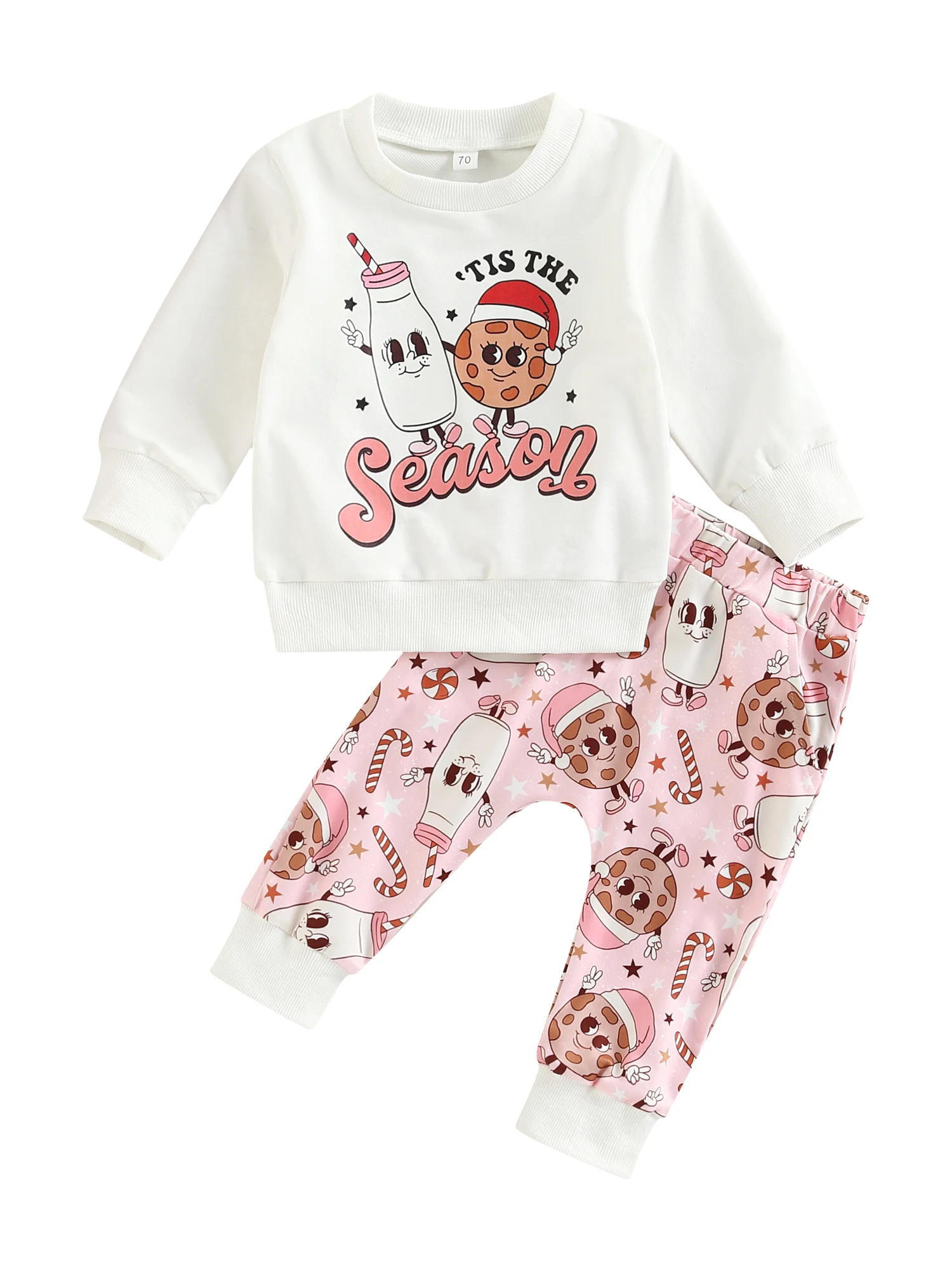 

Infant Baby Girls Christmas 2pcs Long Sleeve Pants Set Season Letters Tops And Biscuit Print Trousers Fall Outfits