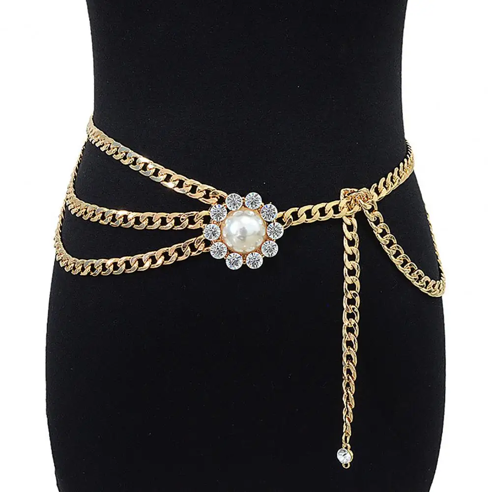 

Body Chain Multi-layer Durable Tight Waist Bling Rhinestone Imitation Pearl Ladies Belly Chain Waist Belt for Dating