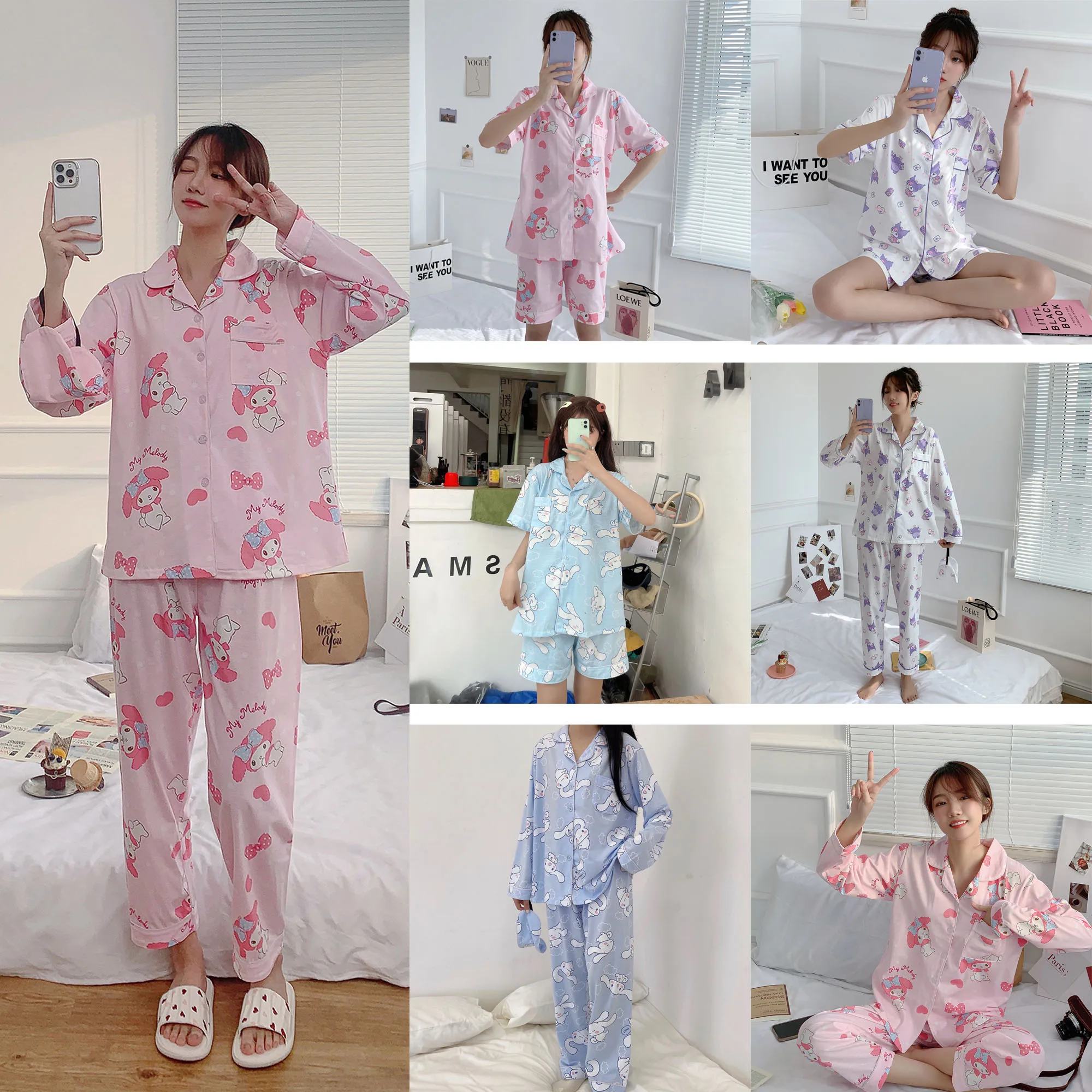 

Kawaii Sanrios Cinnamoroll Kuromi My Melody пижамы для девушек на весну осень хлопок Милый милый аниме искусственный комплект из двух частей