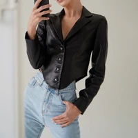 streetwear 2022 new fashion womens long sleeved single breasted jacket suit collar slim cardigan ladies pu leather jacket