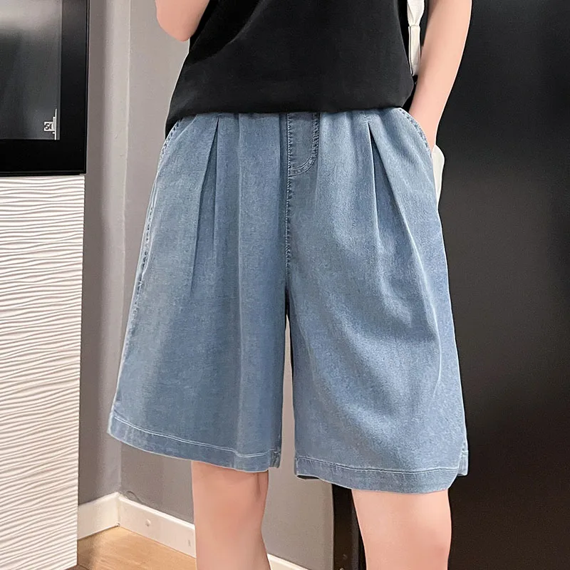 Women'S Summer Thin Fashion Trend High Waist Loose Slim Wide Leg 5-Point Trousers Casual Versatile Elastic Waist Denim Shorts