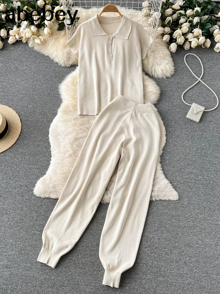 

Women Knitted Sweater Two Pieces Sets Summer Loose Pullovers Sweater Tops & Wide-Leg Pants Knitwear 2pcs Suits