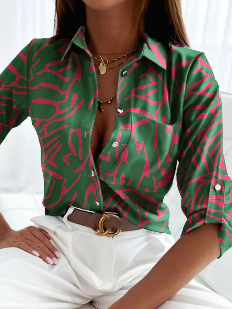 

Блузка женская с длинным рукавом и принтом, на пуговицах