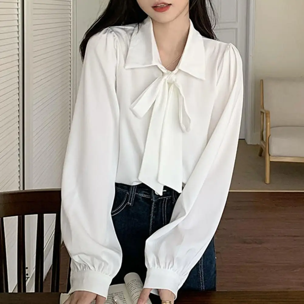 

Tie Bow Lapel Long Sleeves Women Shirt Casual Lantern Sleeve Autumn Shirt Blouse Breathable Buttons Placket Shirt Top Workwear