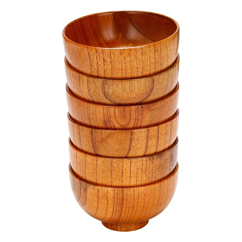 

6 Pcs Wood Bowls Serving Tableware For Rice, Soup, Dip, Coffee, Tea, Decoration Wooden Salad Bowl Kitchen Cutlery Set