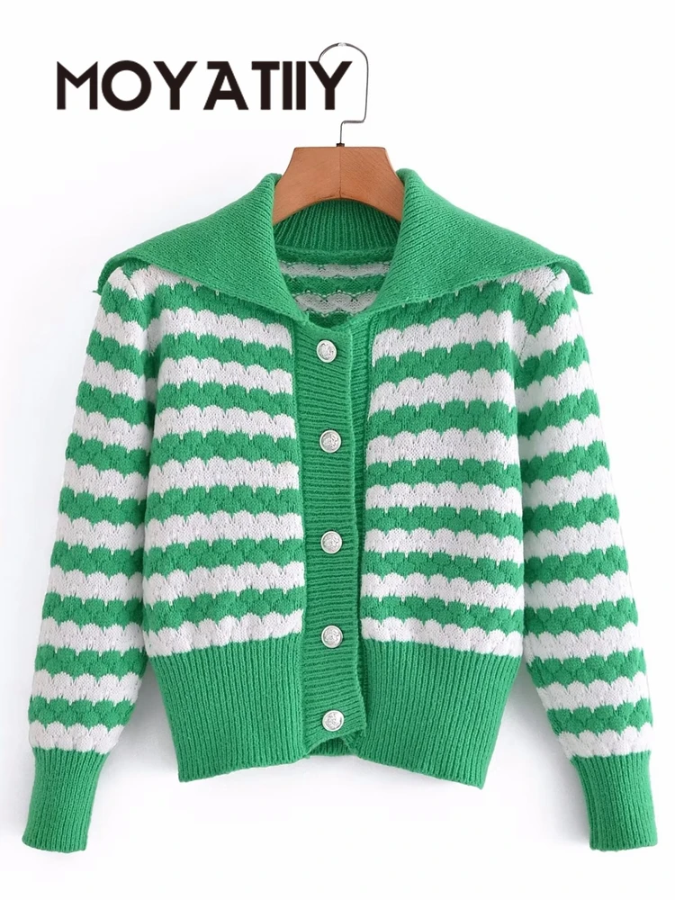 

MOYATIIY Women Fashion Cardigan Elegant Green Striped Cardigan Sweaters Vintage Jumper Female Crop Knitted Outwear