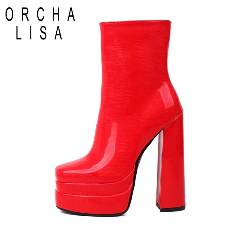 

ORCHALISA Black Leather Chunky High Heels Square Toe Slip On Platform Shoes For Women's Boots Mid Calf Side Zipper Size 33-46