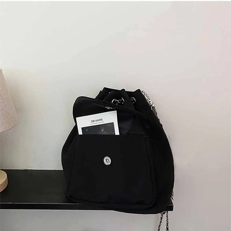 Black Design Fashion Backpack for Women 2022 Spring and Summer Casual Travel Drawstring Chain Bucket Bags Girls Nylon Back Packs