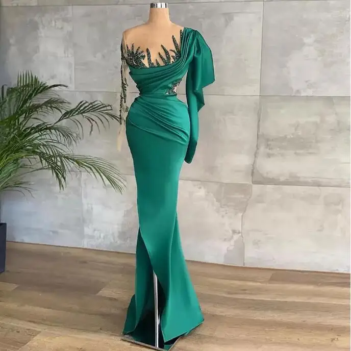 

Hunter Green mermaid prom Dresses Sequined Beaded Long Sleeves Sheer O Neck Side Split Stain Pleats Celebrity Evening Gown