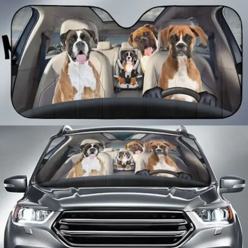 

Boxer Family Fun Animal Car Sunshades Custom Gift Windshield Sunshades Custom Animal Pattern Light Blocking Sunshades