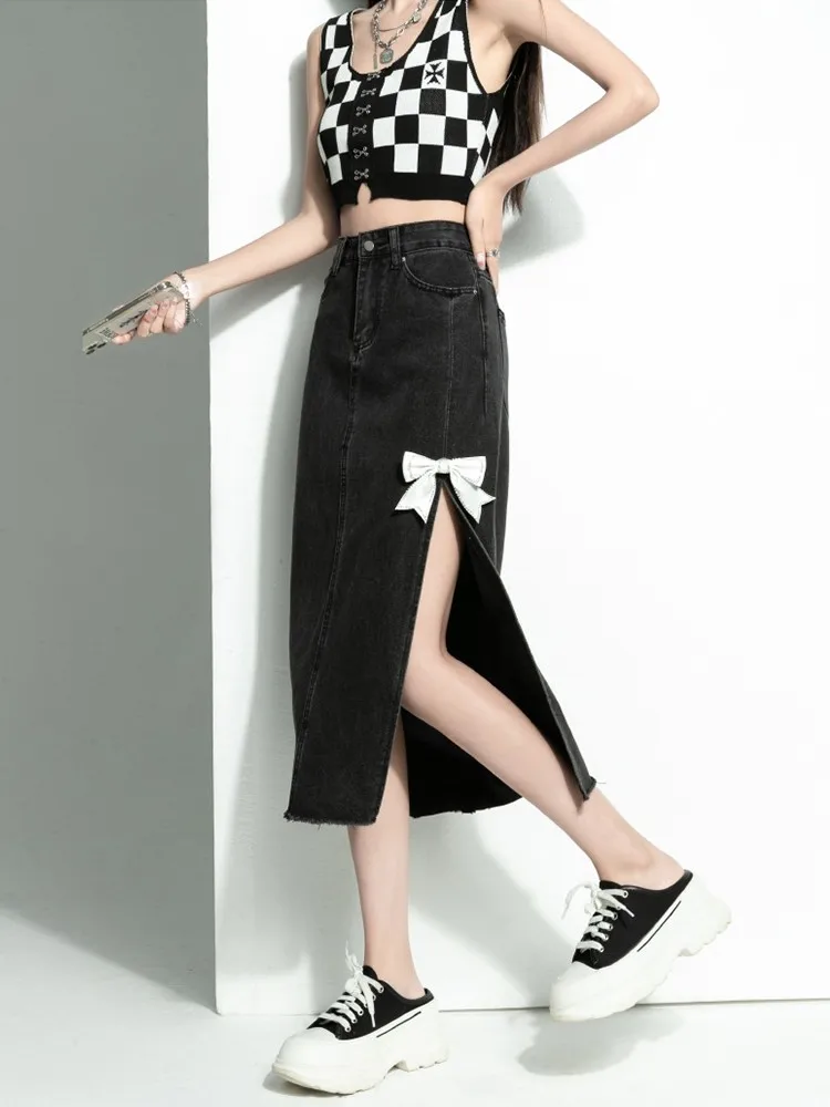 

GUUZYUVIZ High Waisted Vintage Split Midi Skirts Female 2022 Summer Casual Bow Tie Bodycon Skirt Ladies Korean Fashion Black