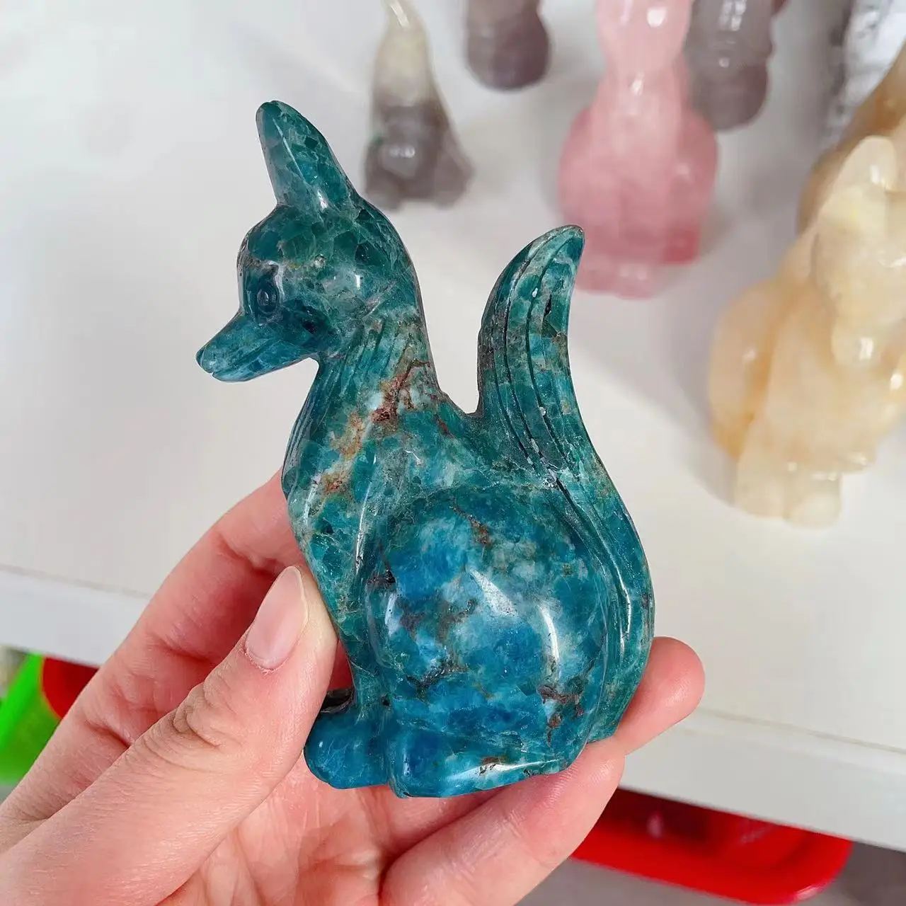 

1pc Natural Hand Carved blue apatite crystal fox