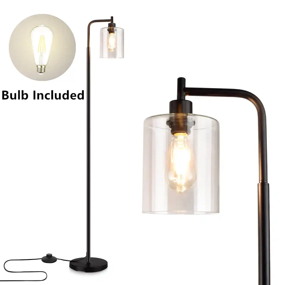 Industrial Floor Lamp with Glass Shade and Edison Bulb,Modern Tall Pole Lamp for Office, Black