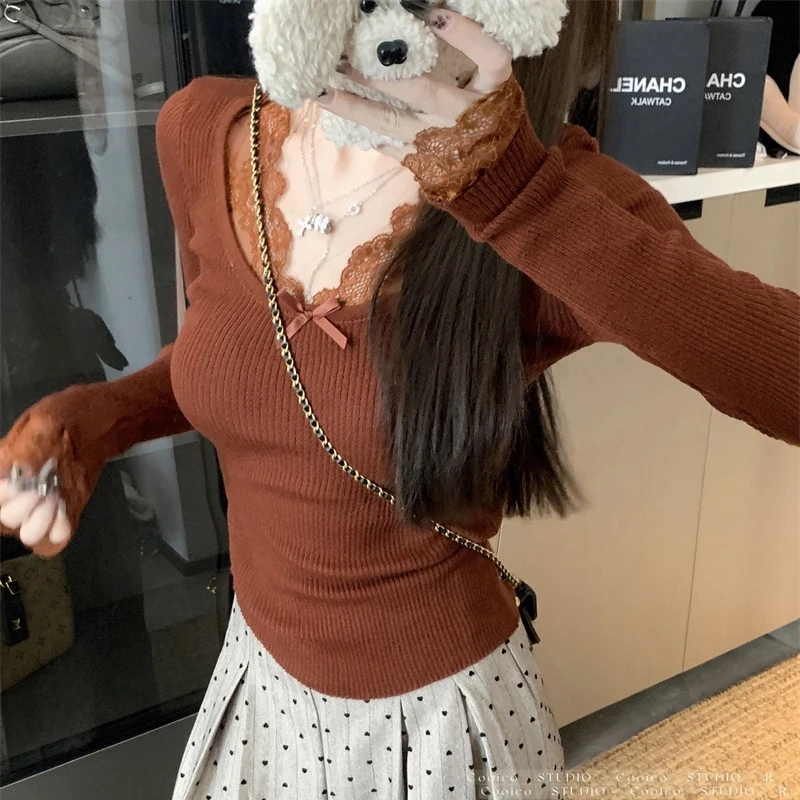Женский свитер с кружевным воротником осень 2024 новый корейский универсальный