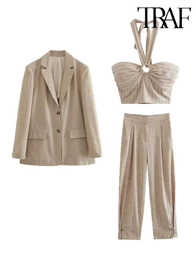 

TRAF 2023 Autumn Fashion Women Blazer Suits Long Sleeve Loose Office Jacket Female Ankle Pants Sets