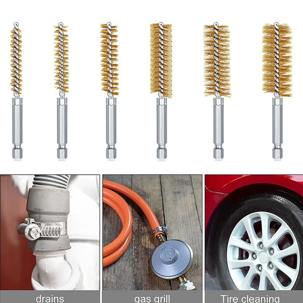 

6 Pieces Of Drilling Brushes Copper Wire Tube Cleaning Brushes For Impact Electric Drill Handle Chimney Washing Polishing Tools
